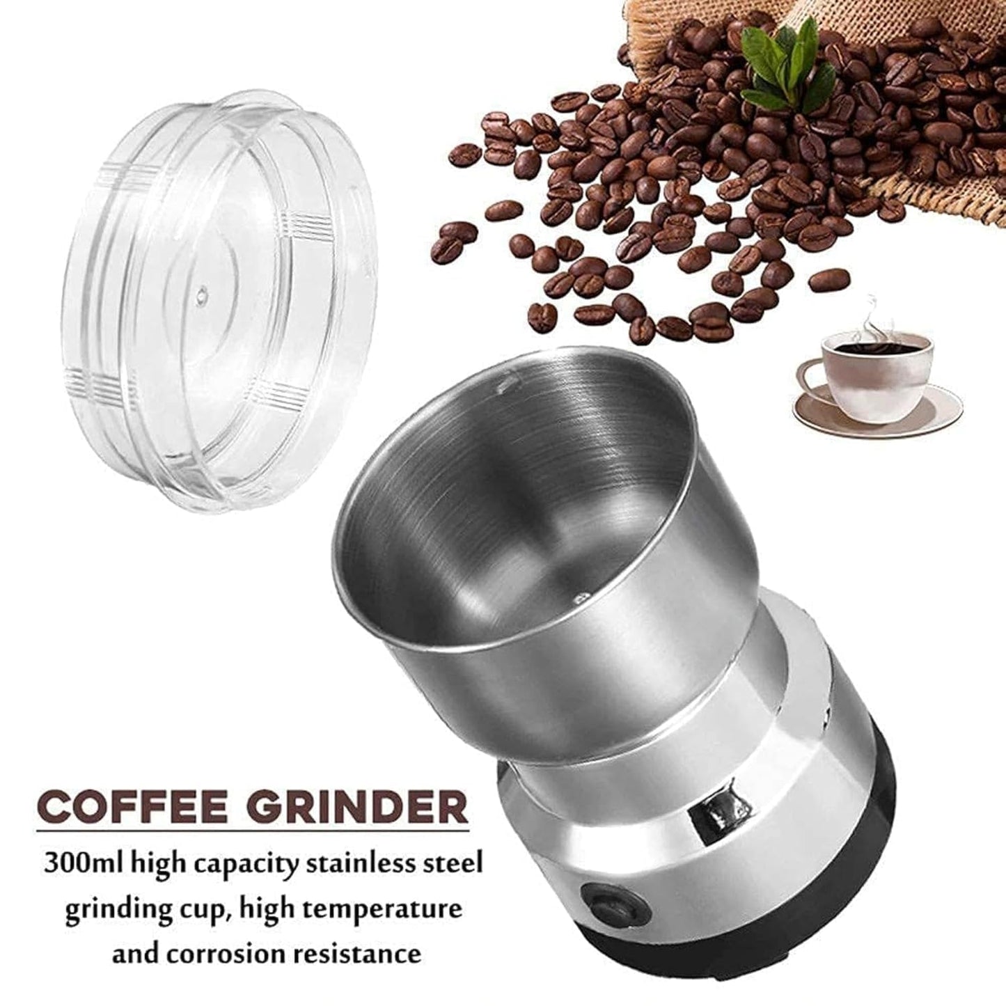 Mini Electric Grinder for Coffee & Spices, Portable Mixer Grinder with Stainless Steel Cup for Coffee Beans, Masala & Dry Ingredients