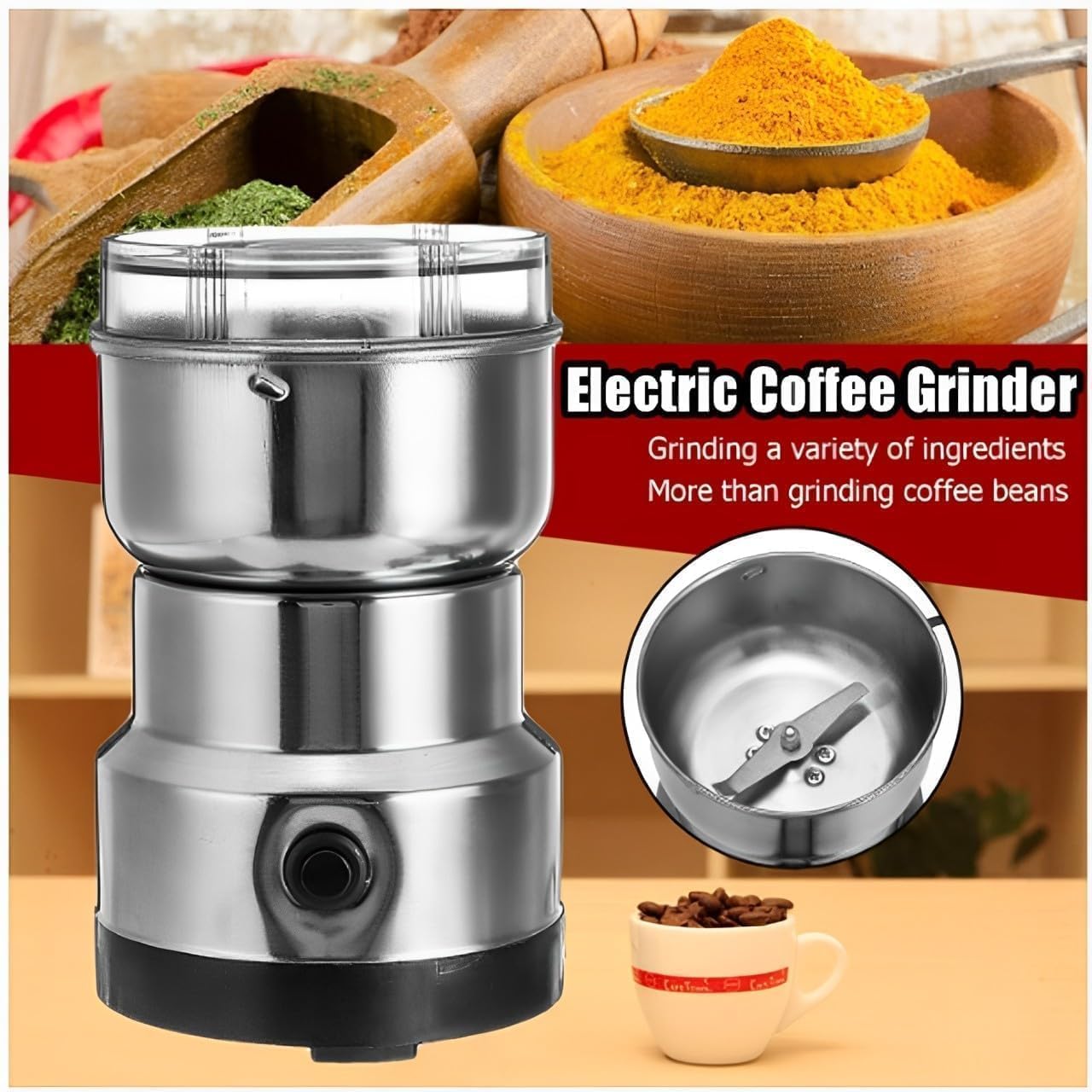 Mini Electric Grinder for Coffee & Spices, Portable Mixer Grinder with Stainless Steel Cup for Coffee Beans, Masala & Dry Ingredients
