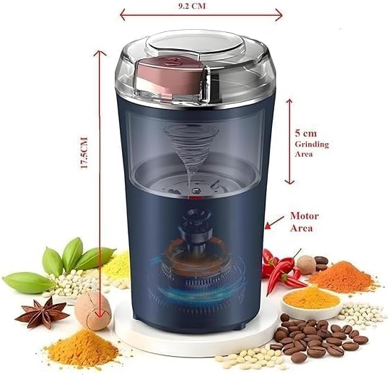 Electric Coffee Grinder Machine with Stainless Steel Blades, Portable Coffee Bean & Spice Grinder for Masala, Dry Herbs, Nuts & Kitchen Use with Push Button Control